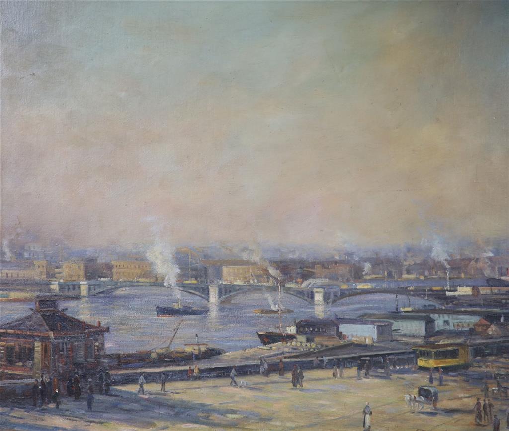 J. Desotta, oil on board, Figures beside the docks, a city beyond, signed, 49 x 60cm